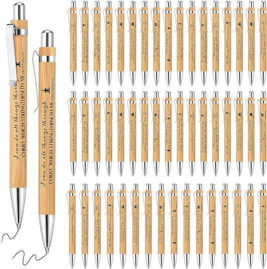 50 Pack Bible Verse Bamboo Retractable Ballpoint Pens Christian Inspirational Bible Verse Ballpoint with Black Ink Pen for Journal Writing Office Supplies Religious Gifts for Men Women(Classic Color)-DeskLoop Office