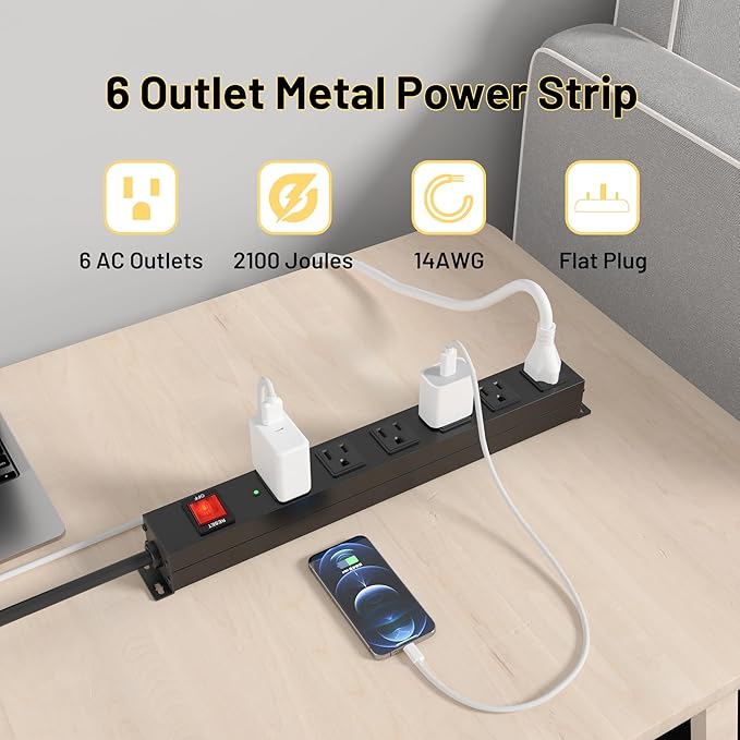 KF Matel 6 Outlet Power Strip Surge Protection 2100J, Heavy Duty Wide Space Power Strip with Flat Plug, 14AWG 6FT Extension Cord for Home, Garage, Shop-DeskLoop Office