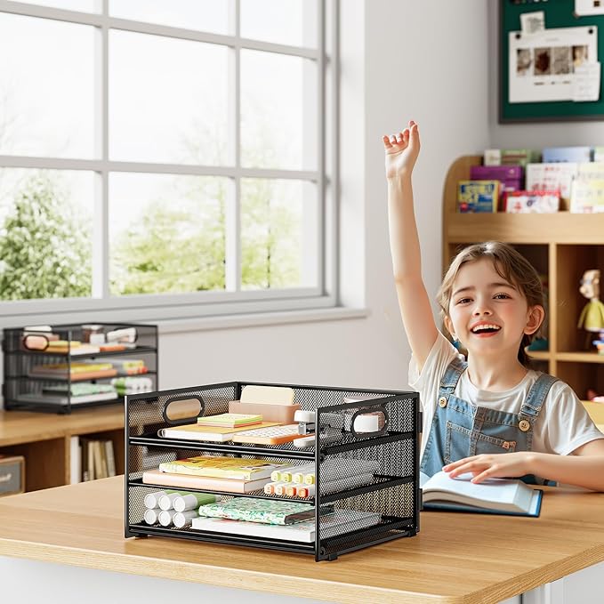 Subekyu 2-Pack 3-Tier Paper Letter Tray Organizer for Desk, Black Metal Mesh File Sorter Organizer with Handle and 1 PC Sliding Tray for Home Office School Desk Supplies Organization Storage-DeskLoop Office