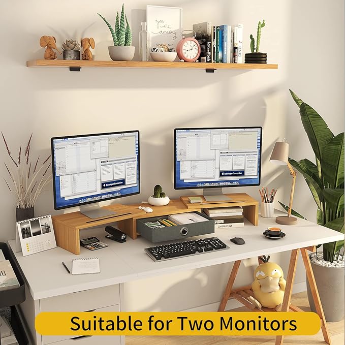 WESTREE Dual Monitor Stand Riser with Drawer - Adjustable Length and Angle, 2 Phone Hold, Desktop Organizer for Computer/Laptop/PC/Printer-DeskLoop Office