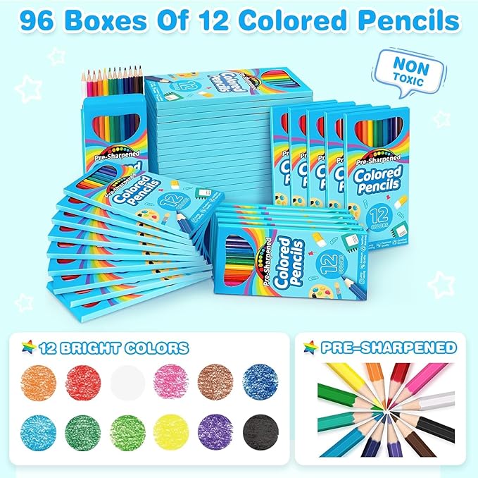 Jumlys 1152 Count Colored Pencils Bulk, 96 Packs Pre-sharpened Coloring Pencils for Kids in 12 Colors, Bulk School Supplies for Teachers, Ideal Back to School Supplies & Classroom Prizes-DeskLoop Office