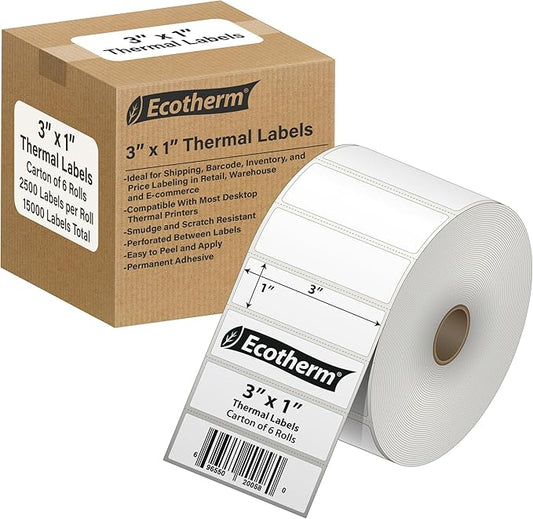 3" x 1" Thermal Labels | 6 Rolls | 15000 Labels | fits Zebra, Munbyn, Rollo, Godex, Arkscan, iDPRT, Offnova Thermal Label Printers and More | Blank White Adhesive Stickers by Ecotherm-DeskLoop Office