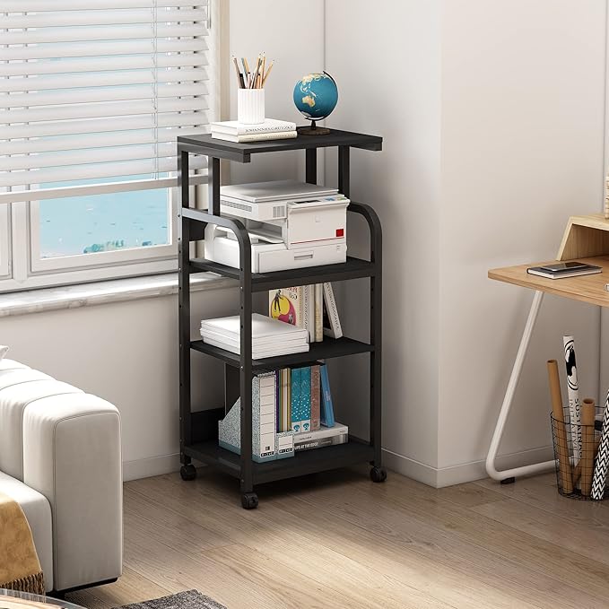 Printer Stand with Adjustable Shelf, 4 Tier Large Tall Printer Table with Wheels for Home Office Storage and Organization, Rolling Stand Cart for Computer Tower CPU Shredder, Black-DeskLoop Office