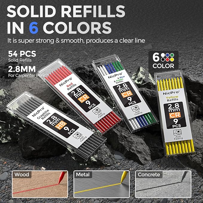 Nicpro 5 Pack CP3000 Carpenter Pencil with Sharpener, Mechanical Pencils Set with 59 Refills, Heavy Duty Construction Pencil, Carpenter Tools for Architect Marking (Red, Black, Orange, Green, Blue)-DeskLoop Office