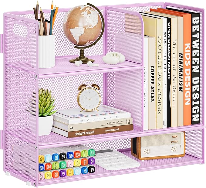 Marbrasse 3-Tier Desk Shelf Organizer with Handle, Desktop Bookshelf File Holder, Mesh Display Shelf Organizer Storage Rack for Office, Home, Supplies, Kitchen (Purple)-DeskLoop Office