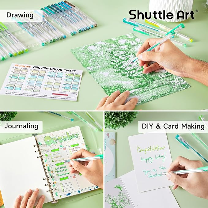 Shuttle Art 60 Pack Green Tone Gel Pens, 30 Green Tone Gel Pens with 30 Refills for Adults Coloring Books Journaling Drawing Nature, Landscapes, Animals Scenes-DeskLoop Office