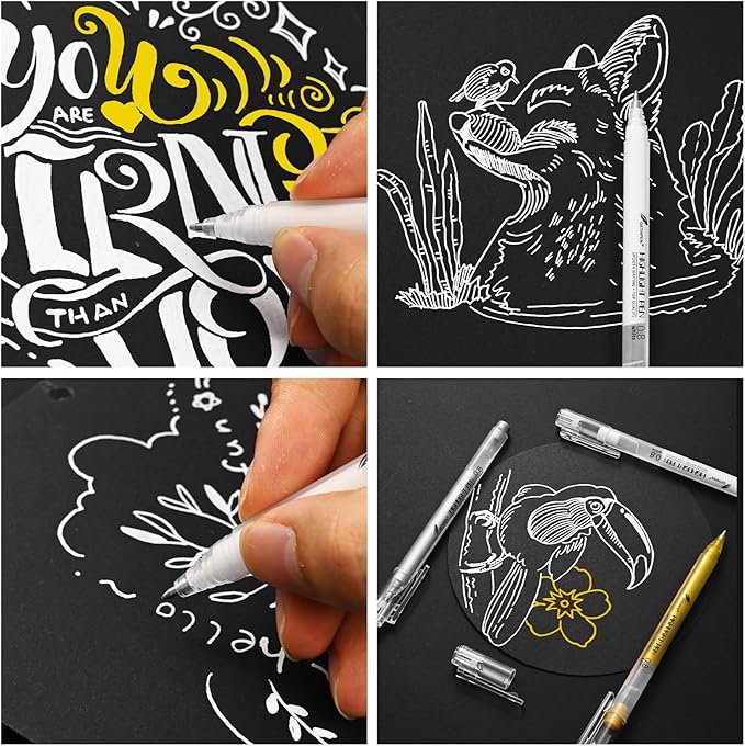 3 Colors 0.8mm Extra Fine Point 6-Pack Gel Pen Set – White, Gold & Silver Gel Ink Pens for Artists Drawing on Black Paper, Sketching, Bullet Journaling & Crafting-DeskLoop Office