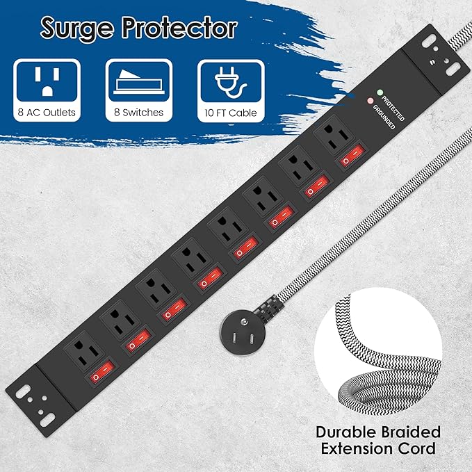 Rack Mount Power Strips,8 Outlet Strips Surge Protector with Individual Switches, PDU Power Strip for Server Racks, 14AWG Heavy-Duty Braided Extension Cord,2700J,15A 125V 1875W (10 FT Cable)-DeskLoop Office