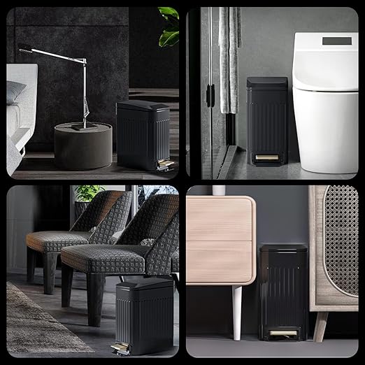 Small Bathroom Trash Can with Lid Soft Close-6L/1.6 Gal Slim Step Garbage Can-Metal Pedal Wastebasket-Narrow Rectangle Garbage Container Bin for Corner Office, Bedroom, Toilet, Live Room-Black-DeskLoop Office
