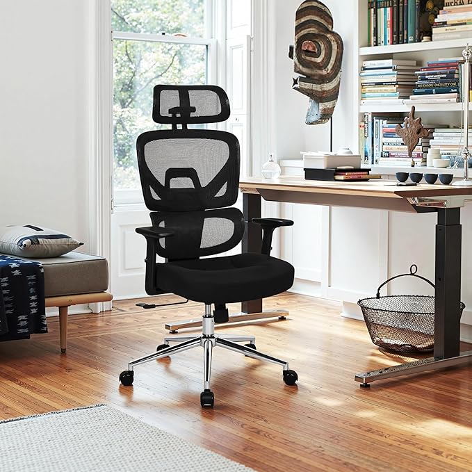 VECELO High Back Ergonomic Office Chair, Big and Tall Mesh Desk Chair with Wheels, Tilt Function, 3D Armrests & Headrest, Lumbar Support, Swivel Rolling Computer Chair for Task, Home Office, Black-DeskLoop Office