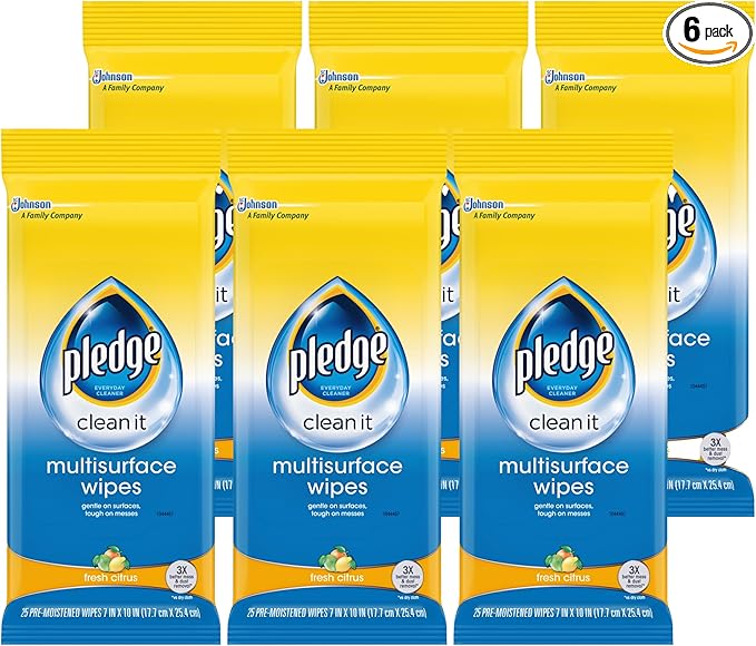 Pledge Multi-Surface Furniture Polish Wipes, Works on Wood, Granite, and Leather, Cleans and Protects, Fresh Citrus - Pack of 6 (150 Total Wipes)-DeskLoop Office