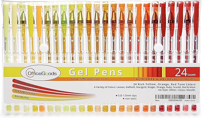 OfficeGoods Yellow Orange Red Gel Pens with Refills – Neon Journaling Art – Medium 0.8-1.0mm Tips – Non-Toxic Gel Pens Set – Quick Dry Smudge-Free 24 Pack Colors-DeskLoop Office