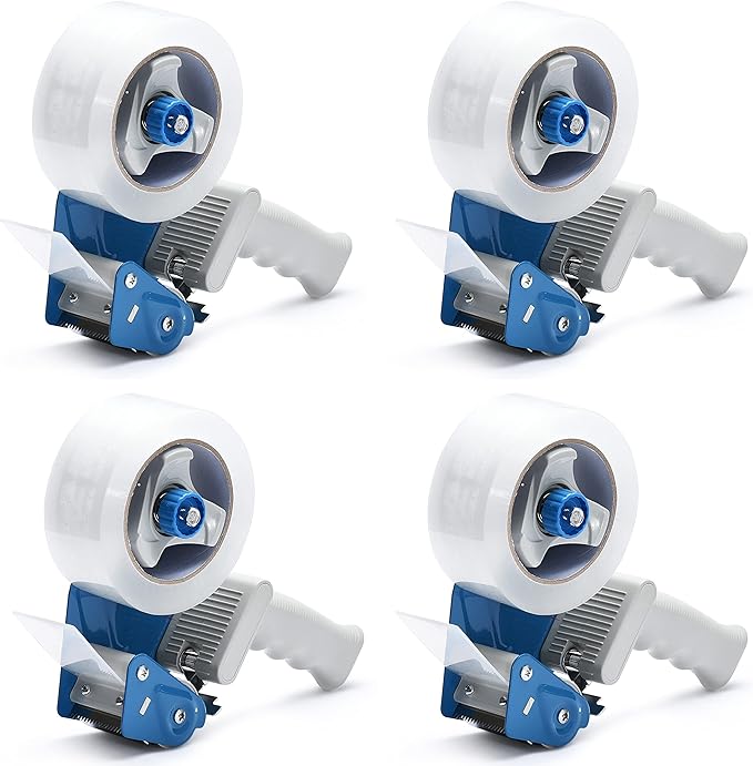 Packing Tape Dispenser Gun (4 Packs) Pacific Mailer 2 Inch Tape Gun Dispenser with 2 Inch Carton Packing Tape, Lightweight Industrial Side Loading Tape Dispenser - Blue-DeskLoop Office