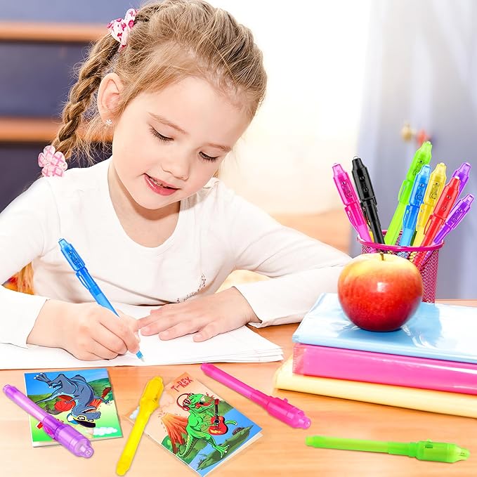 Invisible Ink Pens with UV light for Kids, Spy Pen Dinosaur Party Favors for Kids 8-12, 24Pack Invisible Ink Pen and Notebook, Magic Marker for Secret Message Birthday Party Favors for Kid 4-8-DeskLoop Office