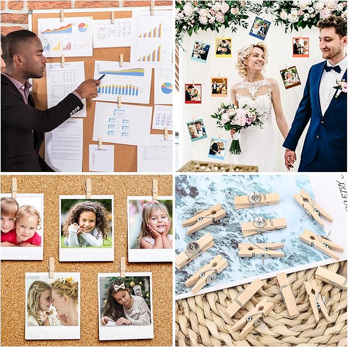 50Pcs Wooden Clips Push Pins Tacks for Cork Board Artwork for Crafts Arts Projects Photo Supplies(Wood Color)-DeskLoop Office