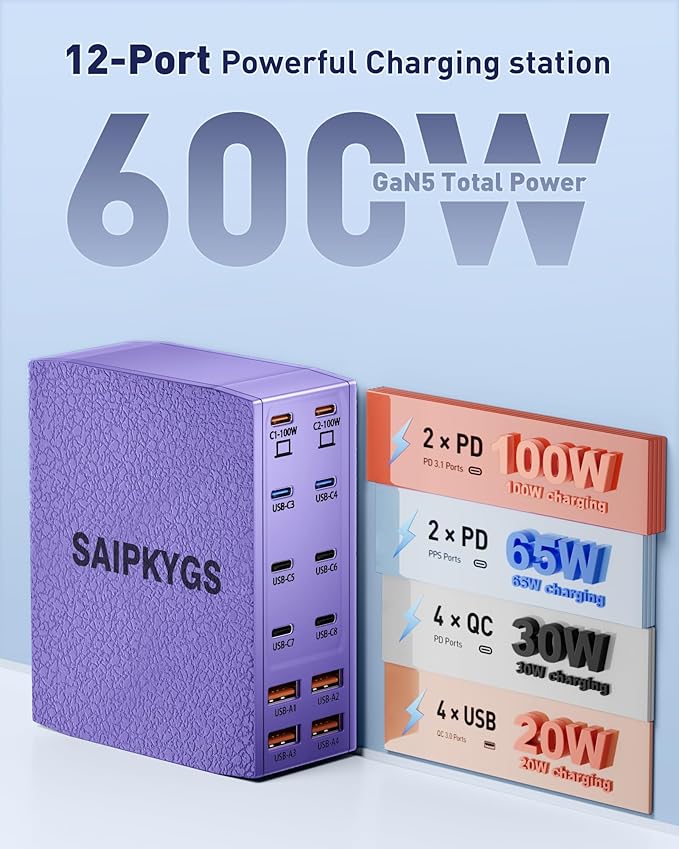 Charging Station (600W),12-Port USB C Charger Block with Dual 100W PD USB-C Fast Charging Station Hub for MacBook Pro/Air/All iPad iPhone 17/16 15/14/13/Pro Max/Samsung Galaxy Note(Purple)-DeskLoop Office