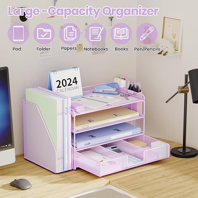 Desk Organizer and Accessories, 4-Tier Desktop File Organizer with Drawer and 2 Pen Holders, Office Desk Accessories for Office Supplies(Purple)-DeskLoop Office