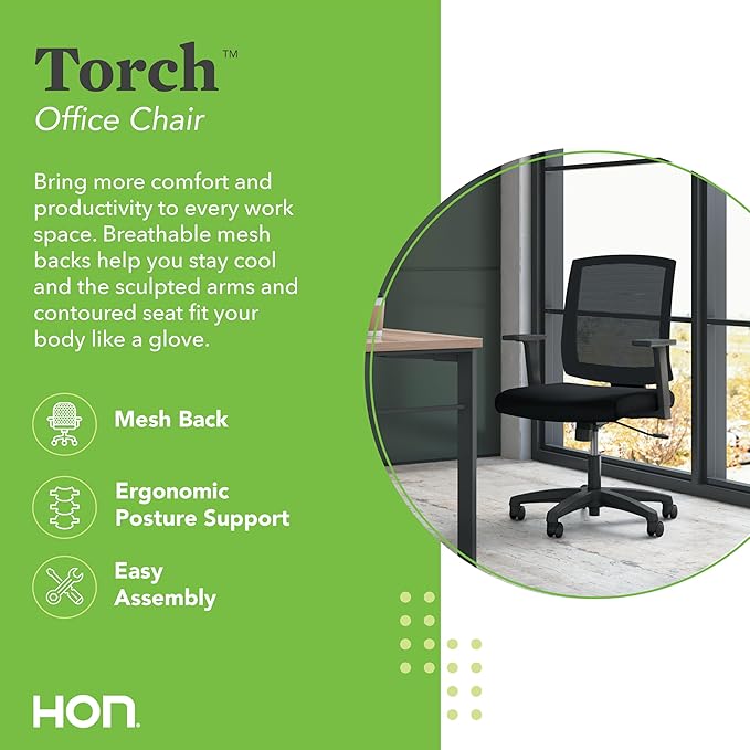 HON Torch Ergonomic Mid-Back Office Chair, Comfortable Fabric Seat Home Office Task Chair, Tilt-Tension Recline Control, 360 Rolling Swivel, Sculpted Fixed Arms-DeskLoop Office