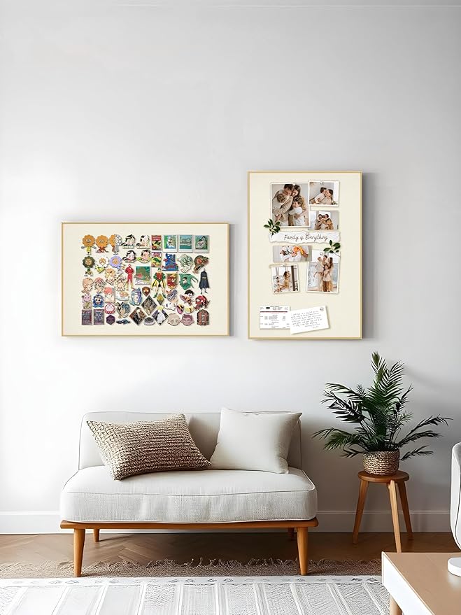 Bulletin Board 30 x 20 inches, Oatmeal White Pin Board, Golden Aluminum Framed Fabric Cork Board with 10 Push Pins-DeskLoop Office