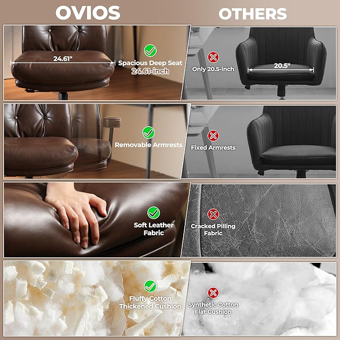 ovios Home Office Chair, Mid-Century Modern Faux PU Leather Chairs with Lumbar Support Comfy Thick Cushion, High Back Ergonomic Swivel Rolling Executive Armchair (Dark Brown, PU Leather)-DeskLoop Office
