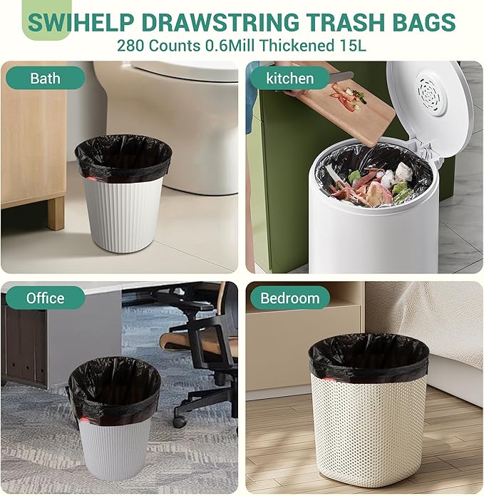SWIHELP Drawstring Trash Bags 280 Counts 4 Gallon Garbage Bags 15 Liters Plastic Trash Can Liners Waste Basket Bin Liners-DeskLoop Office