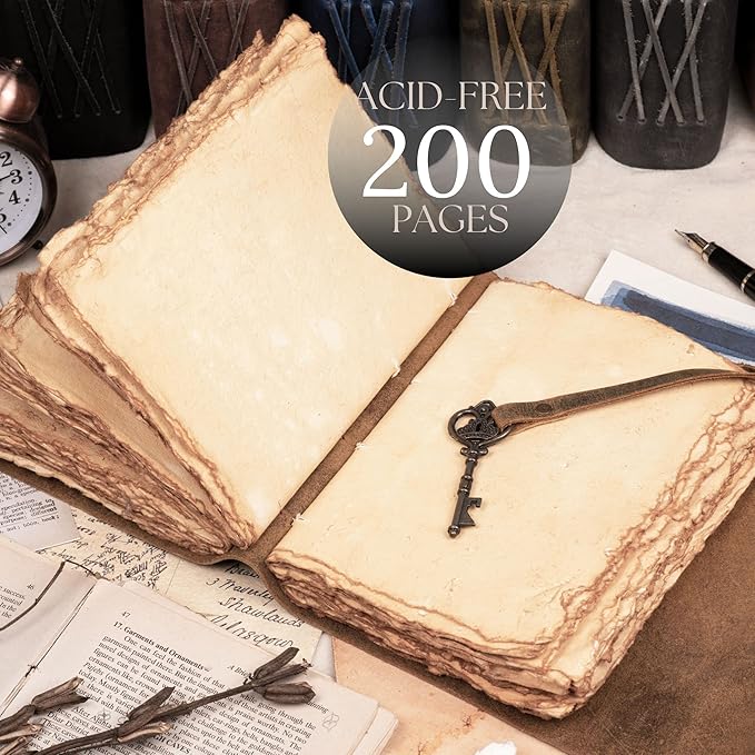 LEATHER VILLAGE Vintage Leather Journal – 200 Handmade Vintage Deckle Edge Paper – Leather bound Journal For Women Men – Vintage Key Closure - Book of Shadows - Red Brown - 6X4 inches (A6)