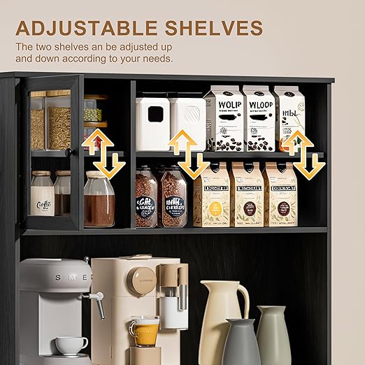 OLD CAPTAIN Tilt Out Trash Cabinet with Deodorising Function, Kitchen Hutch with Microwave Shelf and Drawer, Kitchen Pantry with Trash Cabinet for 10 Gallons, Black-DeskLoop Office