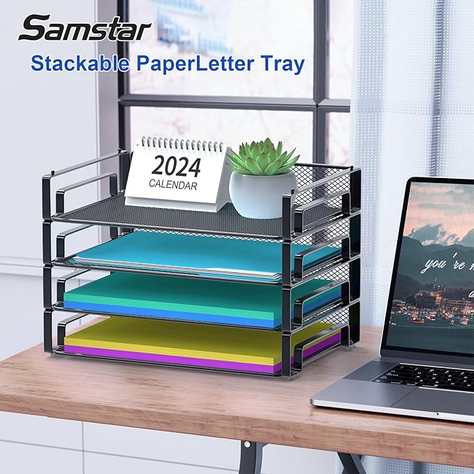 Samstar 4 Pack Stackable Letter Paper Tray, Desk File Organizer Paper Sorter for Letter/A4 Size Folders Documents, Mesh Made-DeskLoop Office