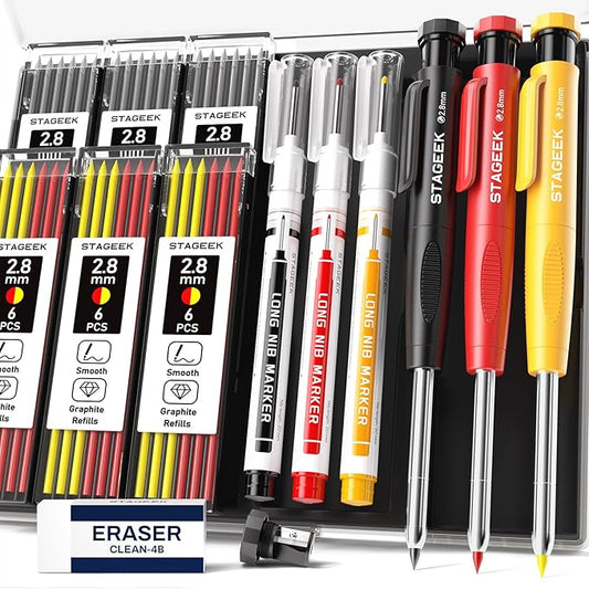 3PCS Carpenter Pencils with Sharpener, Heavy Duty Woodworking Tools, Mechanical Pencil Set with 39 Refills, Deep Hole Long Nib Marker Pens for Architect Marking with Case (Red, Black, Yellow)-DeskLoop Office