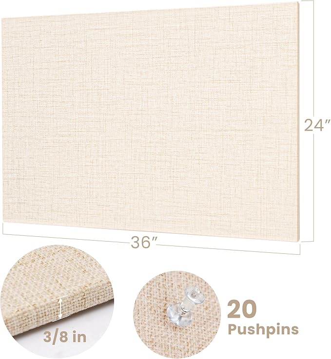 Bulletin Board 36 x 24 inches, 3' x 2' Linen Board for Wall, Decorative Fabric Pin Board with Safe Removable Adhesive Tapes for Home and Office, Includes 20 Push Pins-Light Yellow Stripes-DeskLoop Office