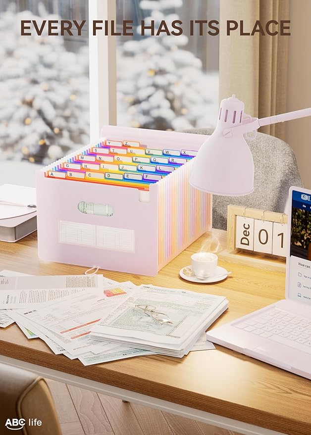 ABC life 26 Pockets Accordian File Organizer Expanding File Folders, Portable Letter A4 Size Filing Box,Plastic Monthly Receipt Document Organizer with Colored Tabs (Pinkish Purple)-DeskLoop Office