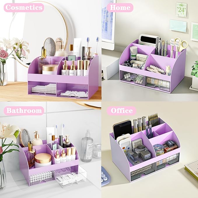 Desk Accessories with Pen Holder, Office Supplies Desk Organizers and Accessories, Tape Dispenser, Stapler, Staple Remover, Staples, Clips Set, Ruler, Scissor, Pen, Tape (Purple)-DeskLoop Office