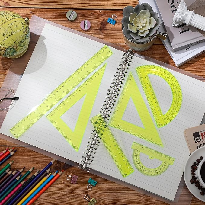 Tenare 6 Pcs Plastic Ruler Math Set Includes 12 Inch 6 Inch Straight Protractor Triangle Geometry Transparent Math Ruler Measuring Tools for School Office Home(Yellow)-DeskLoop Office