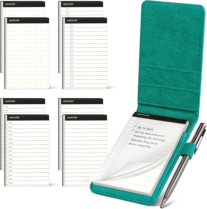 WEMATE 10 Pieces Small Notepad Holder Set Pocket Notebook - Included Mini Pocket Notepad Holder Set with 8 Memo Book Refills and Metal Pen for Meetings, Daily Records, and Notes 3 x 5 Inch (Green)-DeskLoop Office