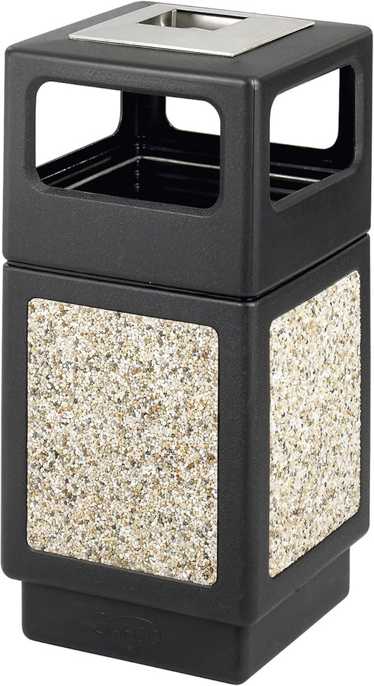 Safco Canmeleon Trash Can, 30 Gallons, Indoor and Outdoor Use, Durable & Weather-Resistant Commercial Garbage Can with Ashtray and Stone Panels, Black-DeskLoop Office