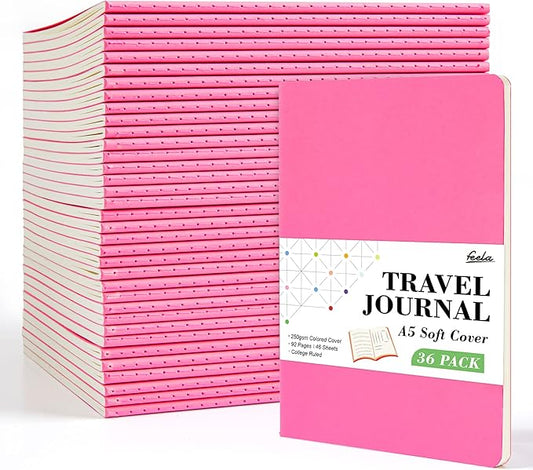 36 Pack Soft Cover Journal Bulk, Feela Lined Blank Travel Journal for Women Men Writing, Notebooks College Ruled for Work, Note Taking Notebook School Business Supplies, 8.2” x 5.5”, A5, Berry-DeskLoop Office