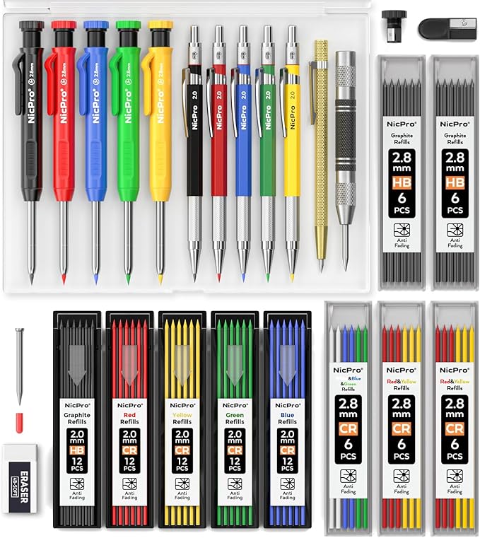 Nicpro 27 Pack Carpenter Pencils for Woodworking, Construction Mechanical Pencil with 100 Refill, Automatic Center Punch and Carbide Scribe Carpenter Tool, Construction Pencil for Carpenters Marking-DeskLoop Office