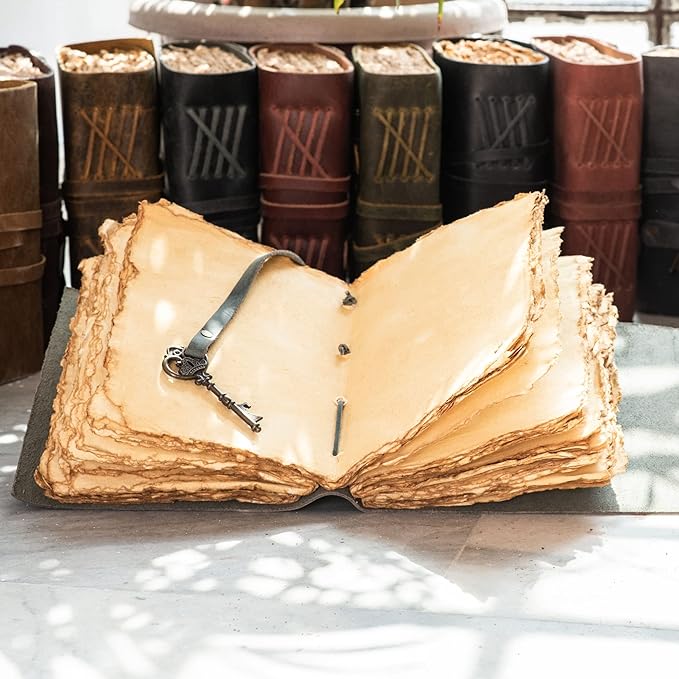 LEATHER VILLAGE Vintage Leather Journal – 200 Handmade Vintage Deckle Edge Paper – Leather bound Journal For Women Men – Vintage Key Closure - Book of Shadows - Turquoise - 8X6 inches (A5)