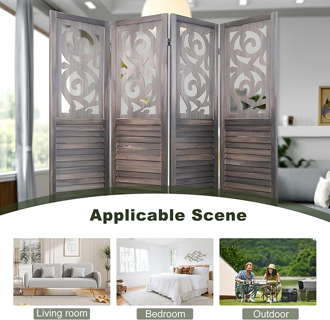 NicBex 4 Panel Room Divider,5.6FT Wood Carved Room Dividers,Folding Privacy Screens Portable Freestanding Partition Wall Dividers for Room Separation,Home Bedroom Office,Rustic Brown-DeskLoop Office
