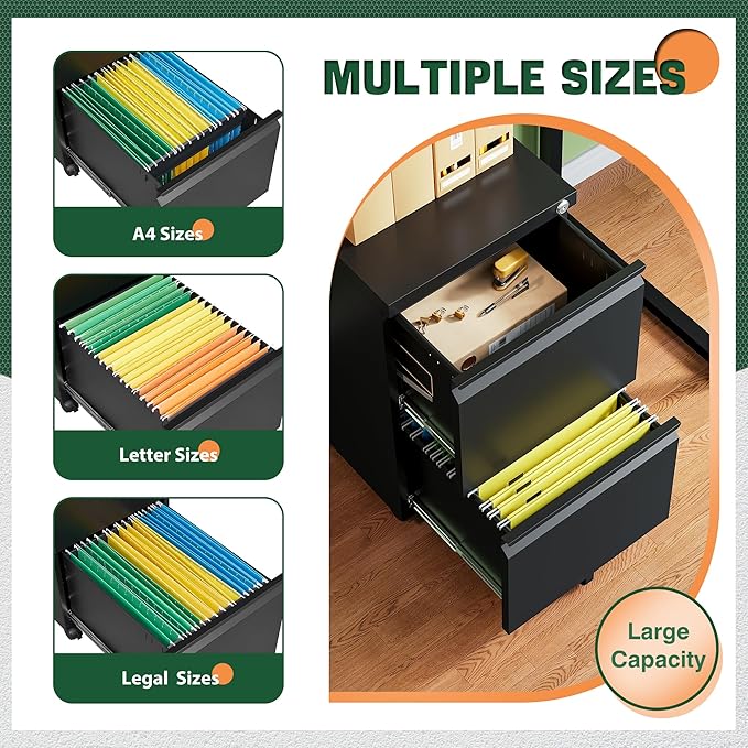 Letaya Mobile File Cabinet with Lock,2 Drawer Under Desk Metal Rolling Filing Cabinets for Home Office Organizer Letters/Legal/A4(Fully Assembled-Black)-DeskLoop Office