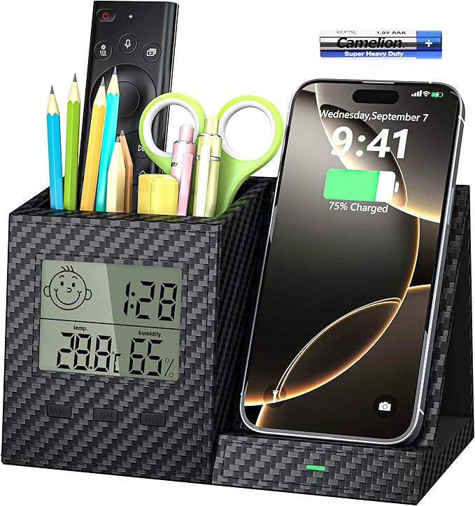 Multifunctional Pen Holder and Organizer for Desk with Wireless Charger, Digital Indoor Thermometer and Humidity Gauge, Home Office Organizers and Storage (Battery Included)-DeskLoop Office
