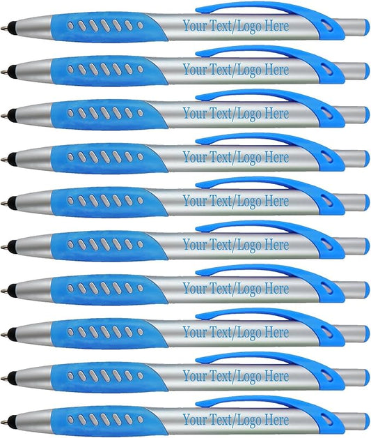 Personalized Pens With Custom Logo or Text-300 Pack Bulk-for Businesses, Parties, and Events, 2 in 1 Ballpoint Pen & Capacitive Stylus for Touchscreen Devices, Click Action, Black Ink, Light Blue-DeskLoop Office