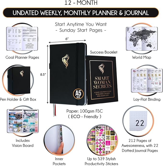 Hourly Planner - Undated Daily, Weekly & Monthly Planner with Budget Section | A 12 Month Journey to Increase Productivity & Happiness | Life Organizer & Gratitude Journal - Vertical Format-DeskLoop Office