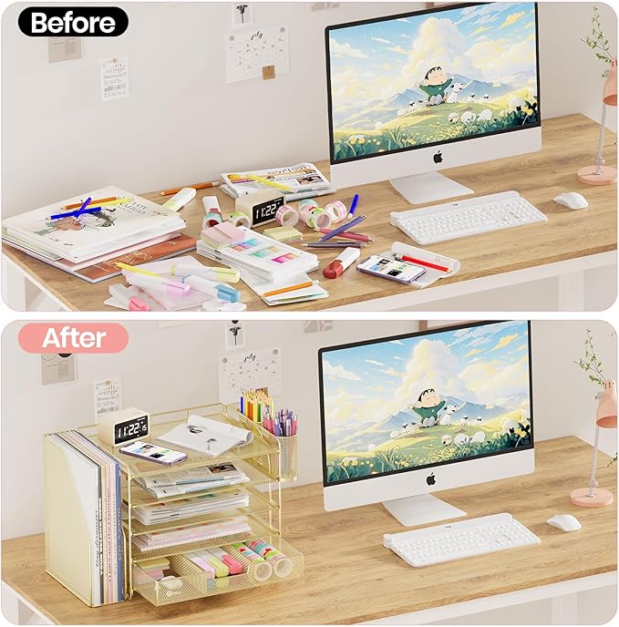 Desk Organizers and Accessories, 5-Tier Paper File Organizer with Drawer & Pen Holder, Office Desk Accessories Workspace Desktop Organizer for Office Supplies(Gold)-DeskLoop Office