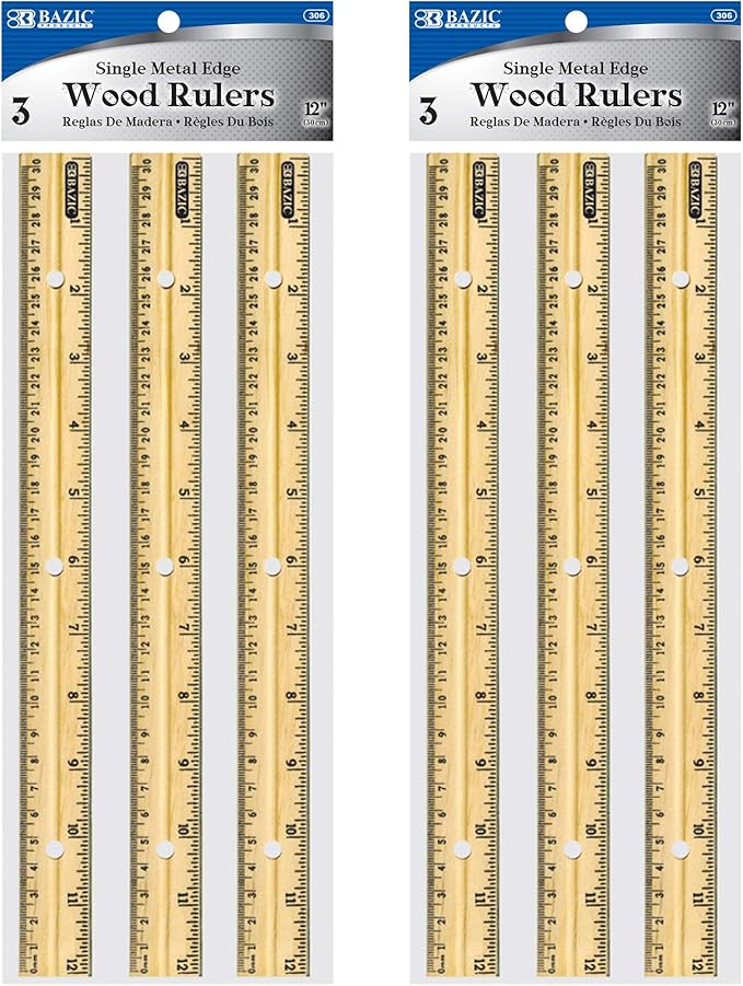 BAZIC Wooden Ruler 12" (30cm), Singel Metal Edge, Inches Centimeter Metric Measuring Drafting Rulers, for Students School Supplies (3/Pack), 2-Packs-DeskLoop Office