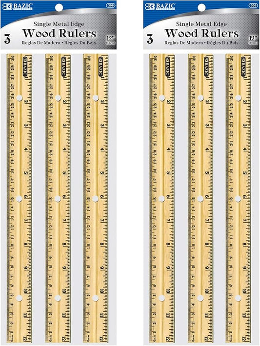 BAZIC Wooden Ruler 12" (30cm), Singel Metal Edge, Inches Centimeter Metric Measuring Drafting Rulers, for Students School Supplies (3/Pack), 2-Packs-DeskLoop Office