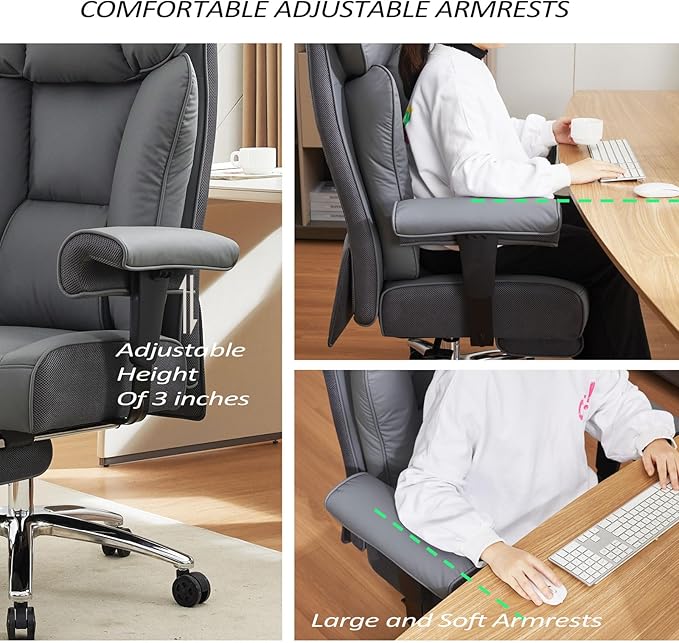Efomao Big and Tall Office Chair 450LBS with Foot Rest, High Back PU Leather Executive Chair with Adjustable Padded Armrests, Lumbar Support for Home or Work, Heavy Duty Computer Chair, Grey-DeskLoop Office