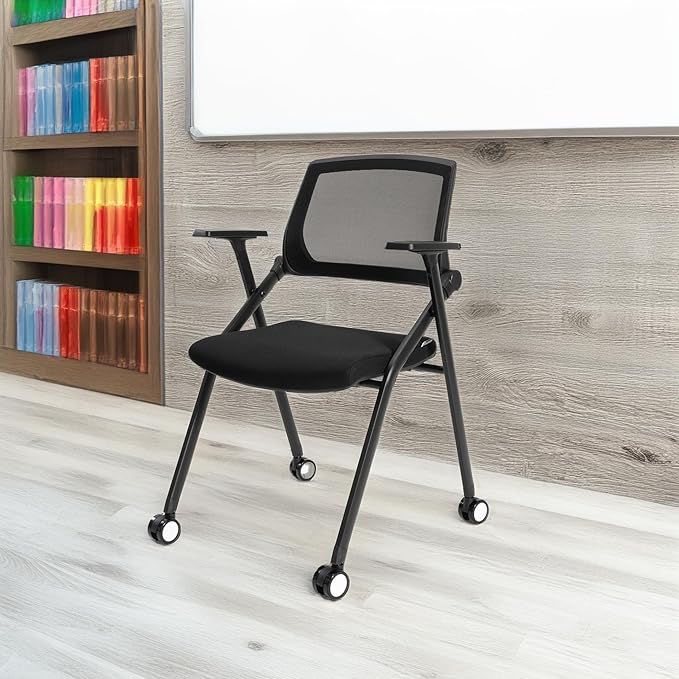 10 Pack Conference Room Chairs with Wheels and Sliding Armrest,Foldable Nesting Chair for Office School Church Waiting Room Black-DeskLoop Office