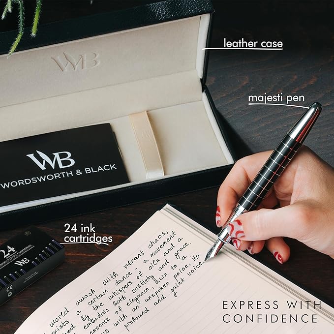 Wordsworth & Black Majesti Fountain Pen-(Checked), Luxury Case, Chrome Finish; Extra Fine Nib- Ink Cartridges, Refillable Ink Converter-Calligraphy Pen-Best Business Gift Set for Men & Women-DeskLoop Office