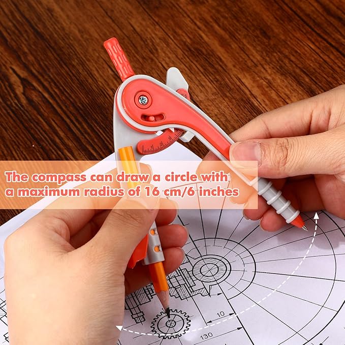 Zonon 1 Set Plastic Geometry Math Set 7 Pcs Includes 6'' / 4 '' Protractor, Drawing Compass, 45/60 Degree Triangle Rulers, 12'' / 6'' Math Ruler Transparent for Office Supplies(Orange)-DeskLoop Office